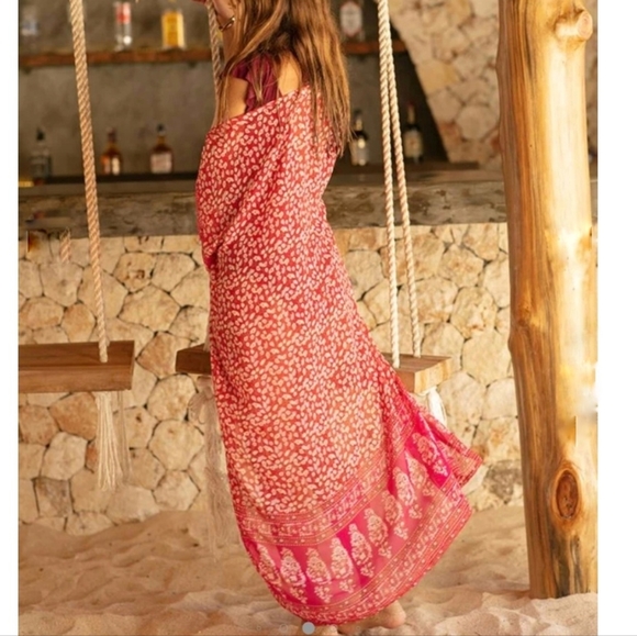 New Boho Gypsy Floral Sheer Chiffon Kimono Maxi Duster Jacket Cardigan Red Pink - Picture 2 of 10